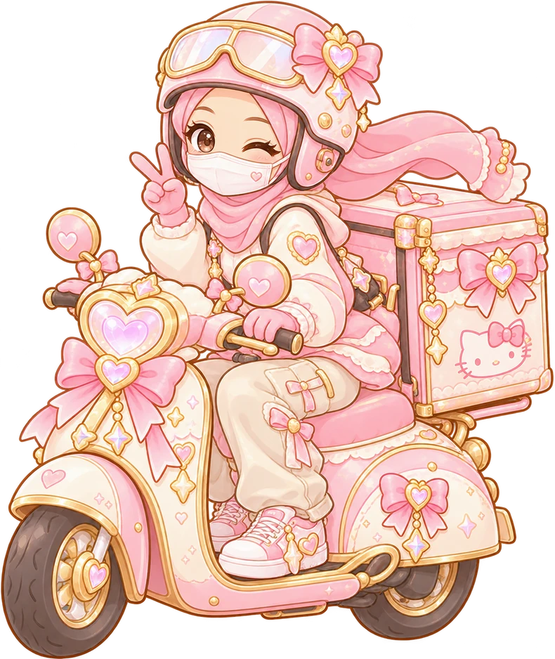 Courier princess pink menunggang skuter penghantaran