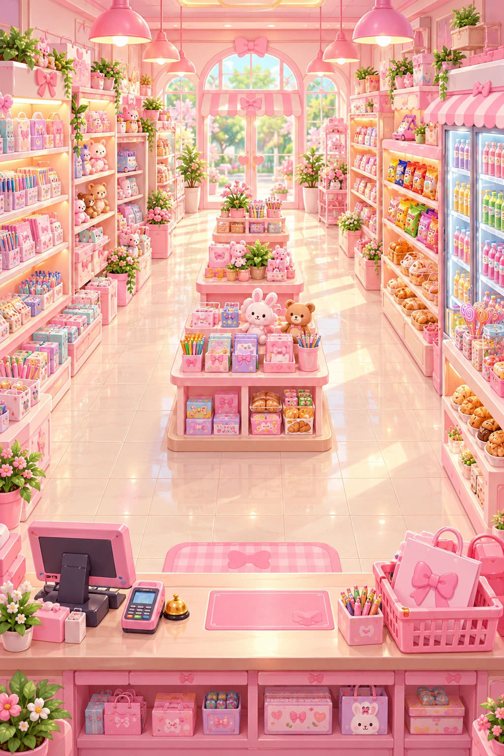 Kedai My Little Cashier dengan rak alat tulis, mainan, snek dan minuman
