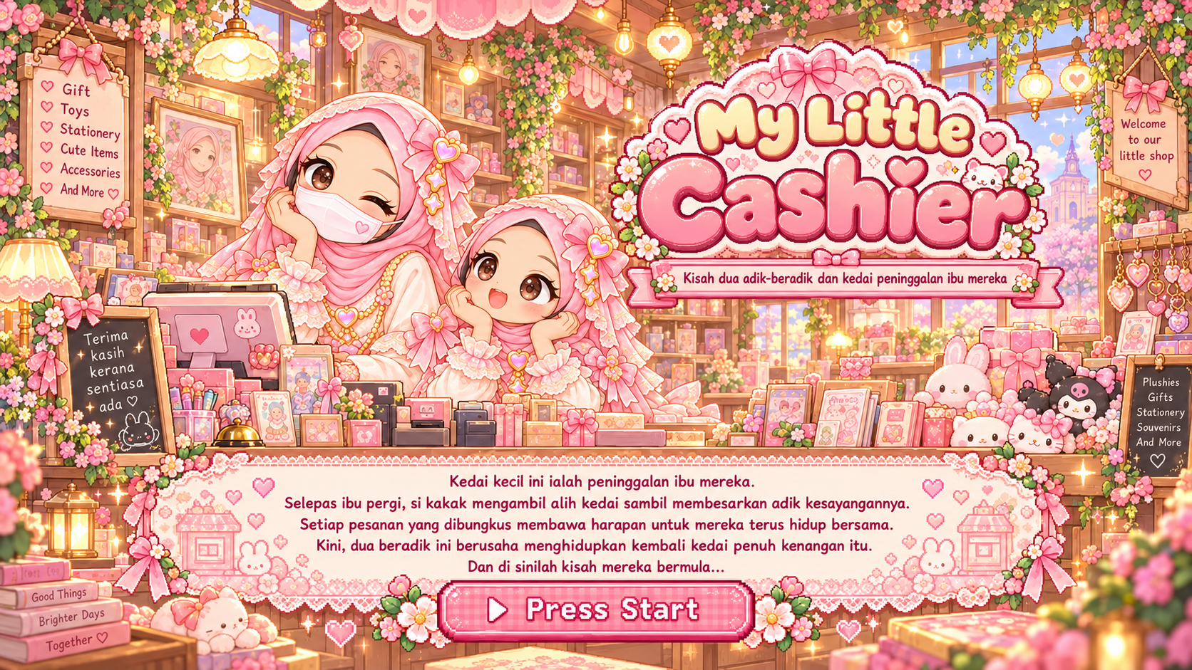 Poster penceritaan My Little Cashier. Kisah dua adik-beradik dan kedai peninggalan ibu mereka. Tekan untuk mula bermain.